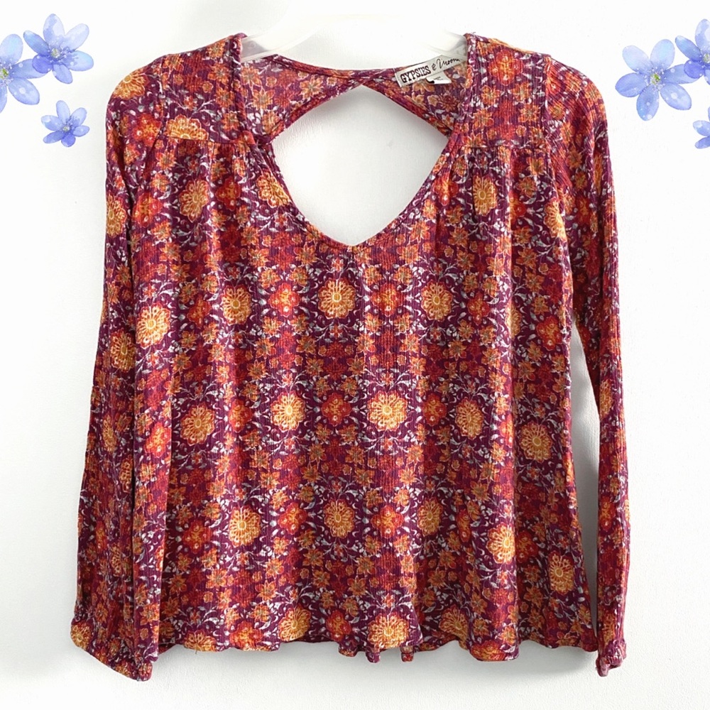 Gypsies & Moondust floral long sleeve rayon top, purple red orange